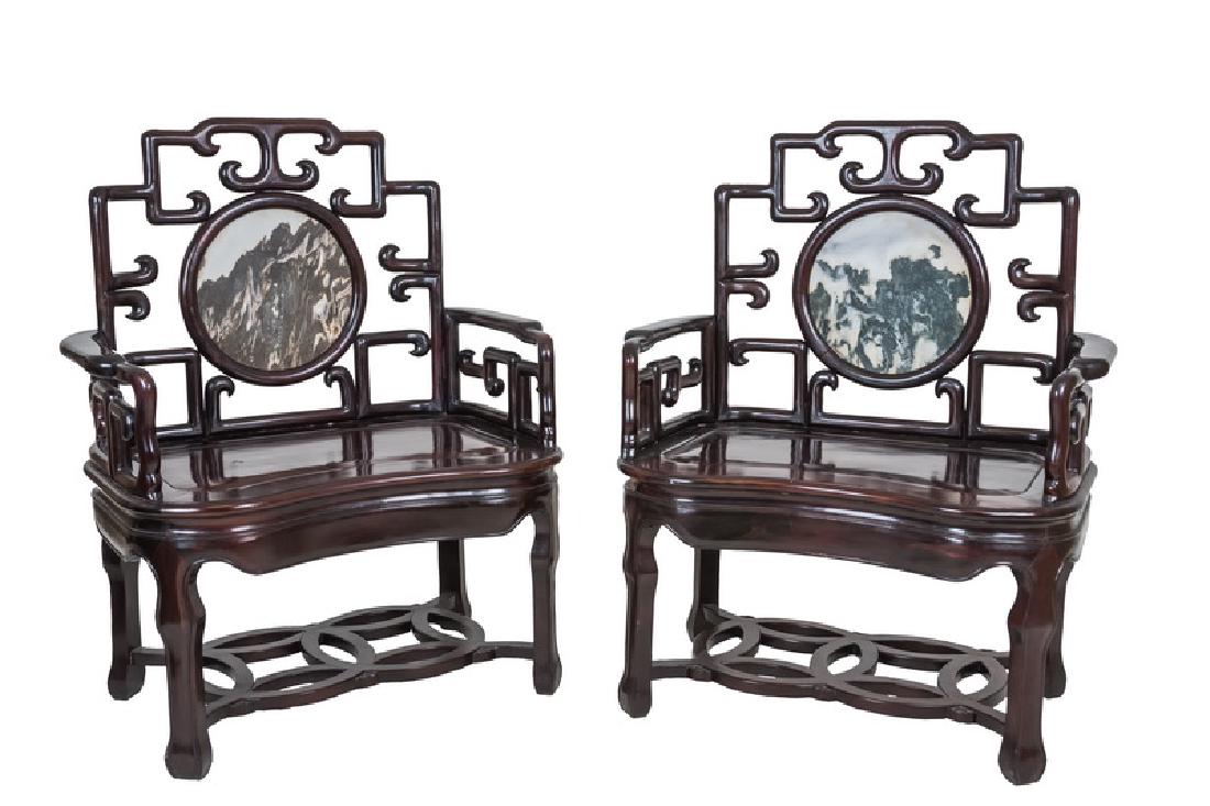 PAIR OF CHINESE HARDWOOD & MARBLE INSET CHAIRS (1 of 10)