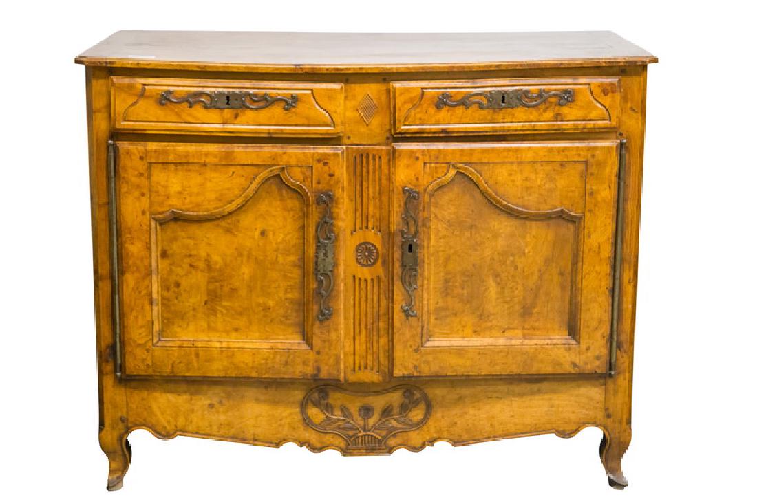 FRENCH PROVINCIAL FRUITWOOD & CHESTNUT BUFFET: the shaped rectangular top above a pair of narrow drawers and conforming paneled doors, on short cabriole legs 55 inches wide; 24 inches deep; 40 1/2 inches high