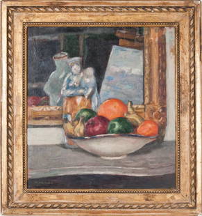 ALBERT ANDRE: "NATURE MORTE, FRUITS ET STATUETTE": circa 1890 oil on canvas signed lower left Provenance: Estate of Louis & Annette Kaufman 20 x 18 inches