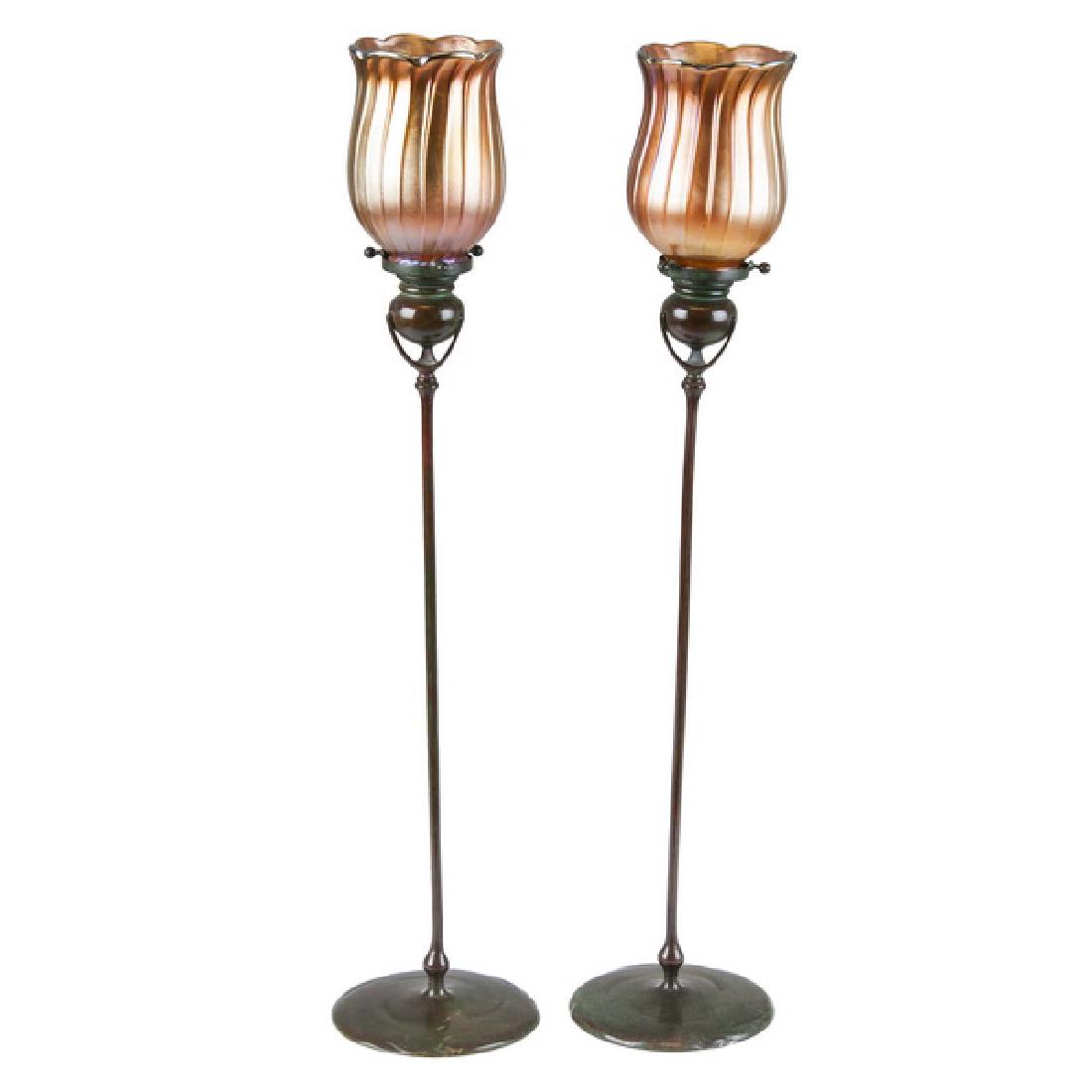 PAIR OF TIFFANY STUDIOS BRONZE CANDLESTICKS WITH ART (1 of 10)