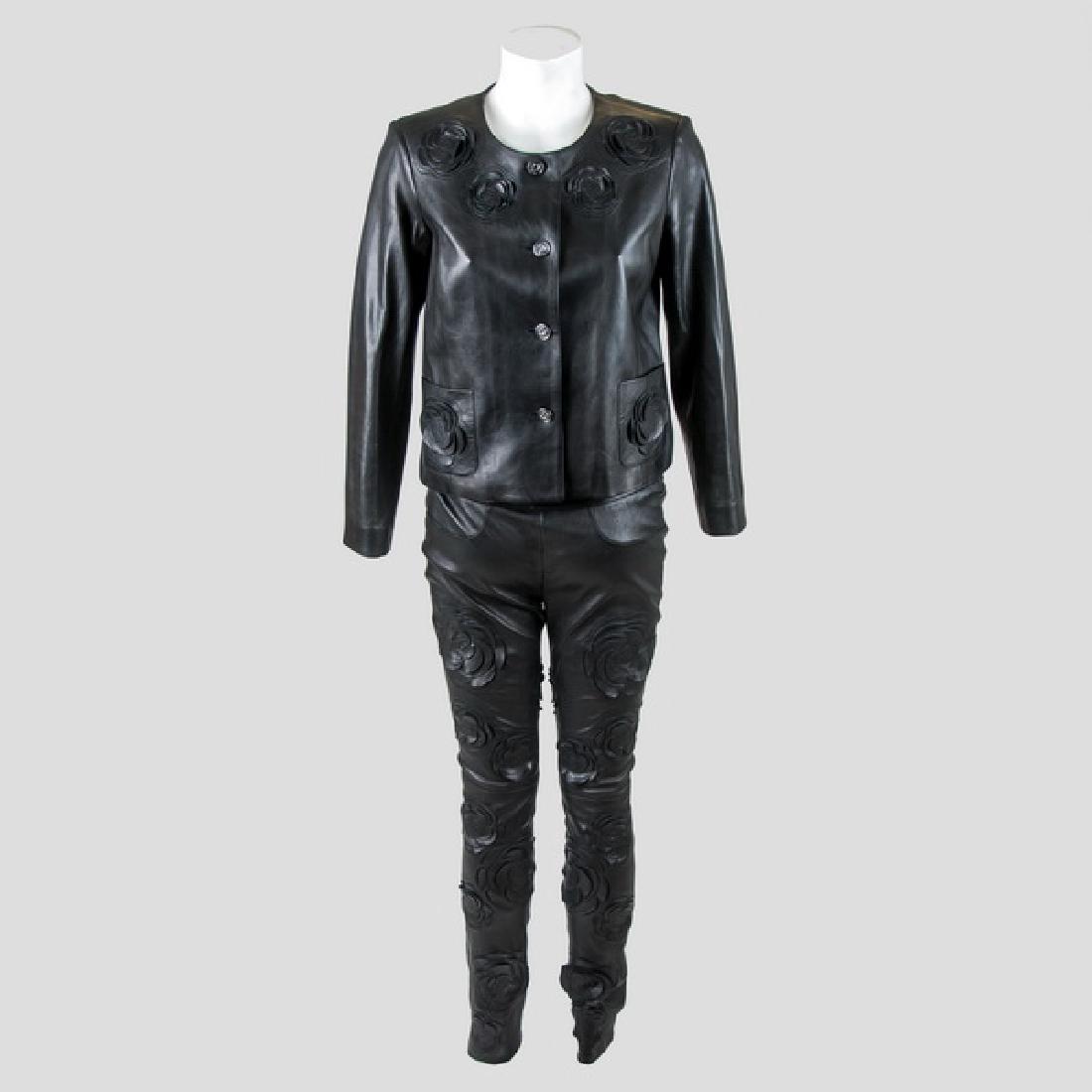 CHANEL: CAMELLIA BLACK LEATHER JACKET & PANTS (1 of 13)