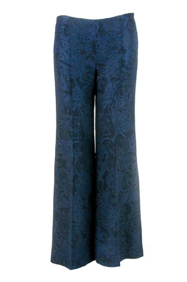 FENDI NAVY SLACKS: Navy and metallic black floral print trousers with hidden side zip closure. Size 42
