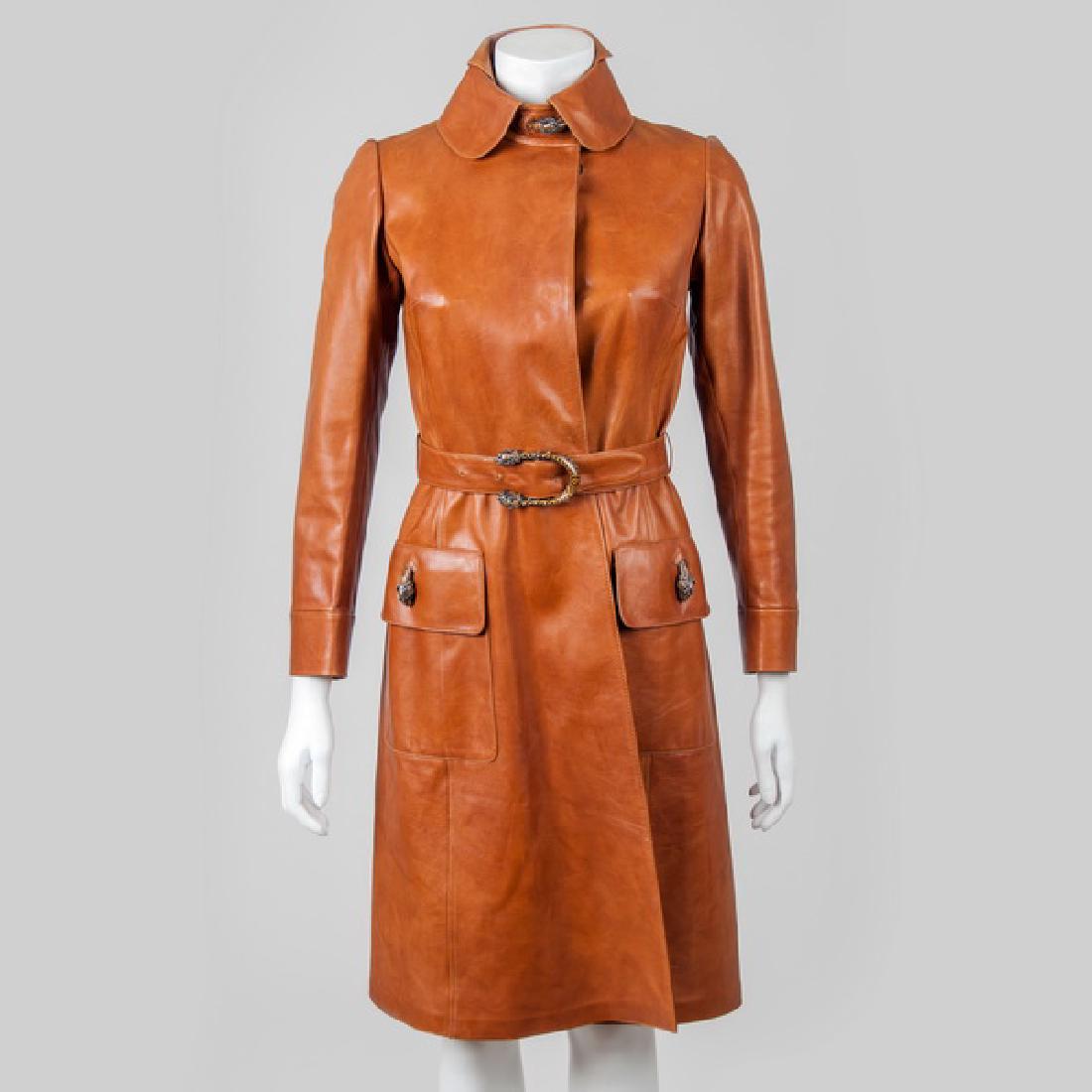 GUCCI:  TAN LEATHER COAT WITH ENAMEL TIGER ACCENT (1 of 14)