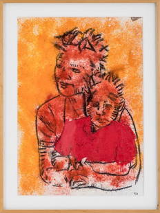 TONY BEVAN: "MOTHER & CHILD": circa 1986 pigment & charcoal on paper initialed lower right Provenance: L.A. Louver, Venice 24 x 17 inches