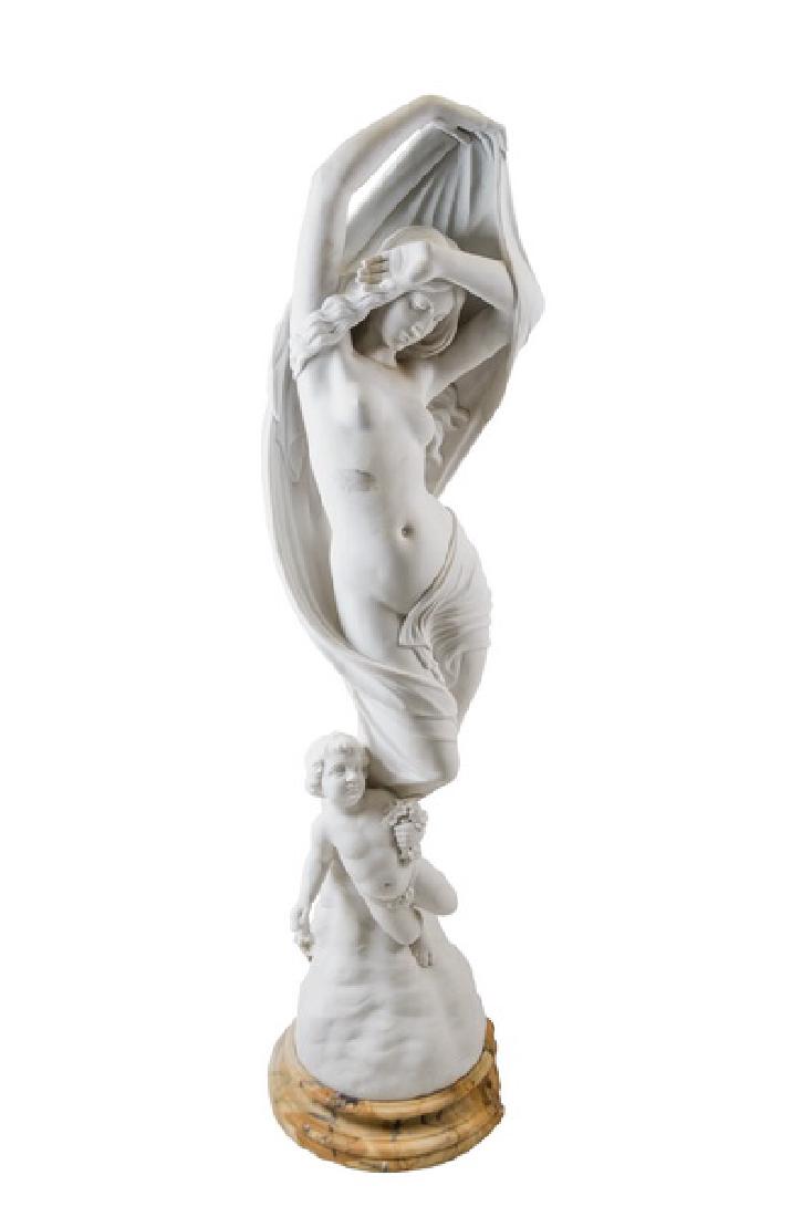 AFTER MATHURIN MOREAU: "NUDE WITH CHERUB": marble sculpture resting on a grey and peach color marble base 66 total inches high