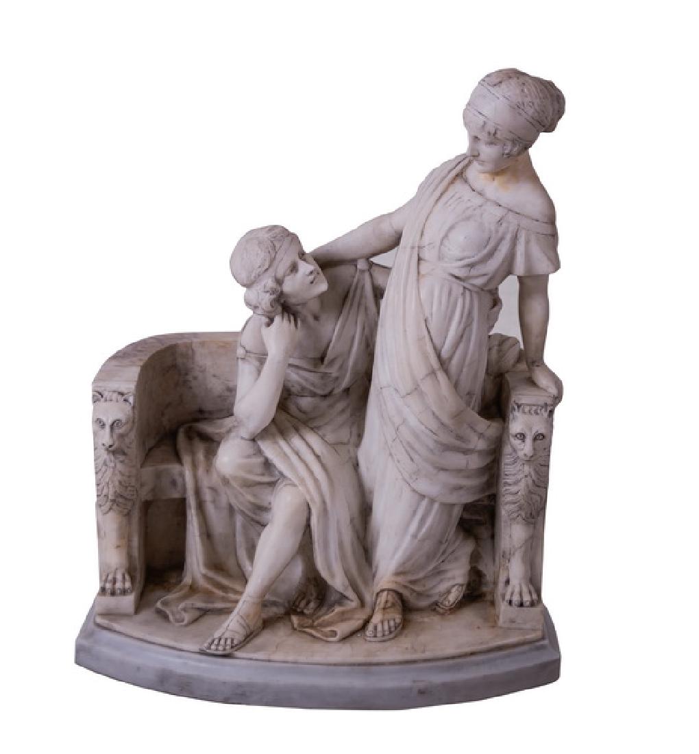 ITALIAN ALABASTER & MARBLE SCULPTURE: depicting classical Roman couple seated on bench inscribed "A.Carrier" Condition: wear consistent with age 19 1/5 inches wide; 22 1/2 inches high