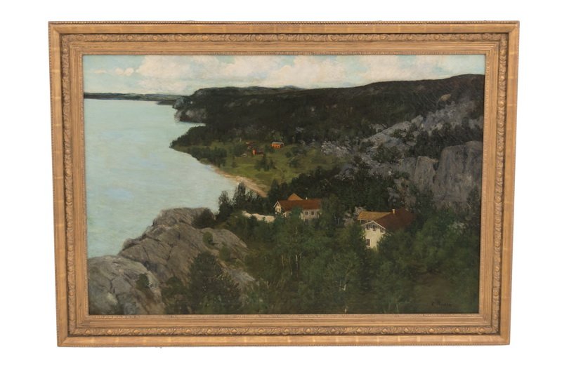 CARL REDIN: "LAKE SCENE LANDSCAPE": oil on canvas signed lower right Condition: with minor patches and repair throughout 32 x 48 inches