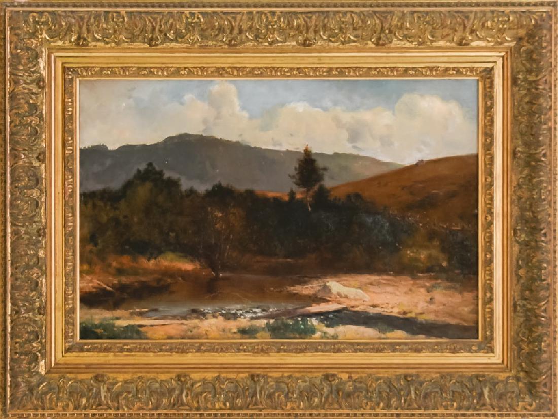 THOMAS HILL: "TREES IN THE MOUNTAINS": oil on board signed lower left with painted seascape verso Provenance: John Moran Auctioneers: July 1997 [Lot 105A] 12 x 18 inches