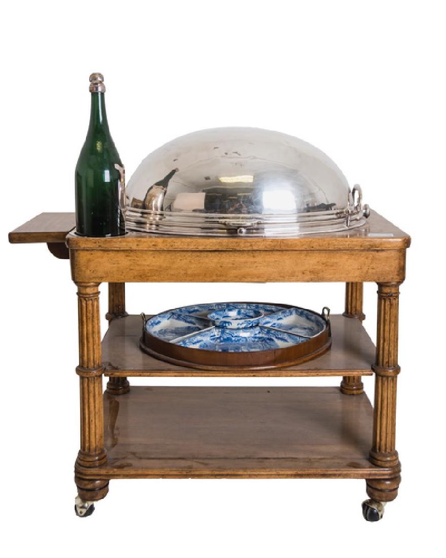 WILLIAM IV MAHOGANY & SILVER-PLATED ROAST CART: Cailar Bayard; together with an English ironstone and mahogany divided tray and champagne bottle 32 inches wide; 21 inches deep; 39 inches high to top of dome entree