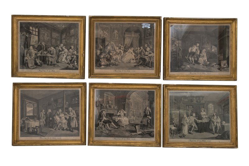 WILLIAM HOGARTH: "MARRIAGE A-LA-MODE": the complete set of six engravings with etching, 1745, on laid paper, published by W. Hogarth, London 15 x 18 inches sight