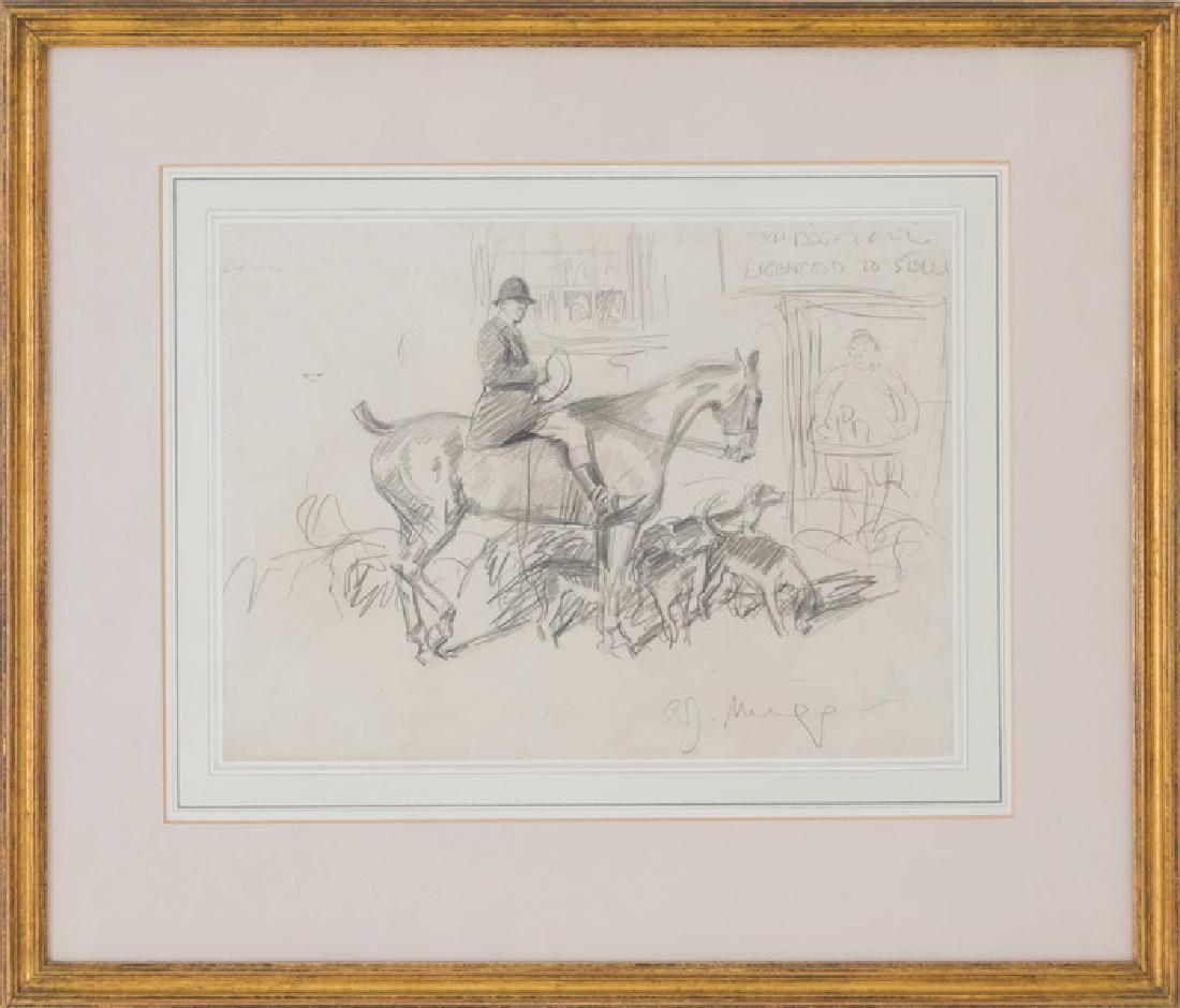 SIR ALFRED JAMES MUNNINGS: "A HUNTSMAN AND HOUNDS: pencil on card signed and dated Provenance: Christie's--London, sale no. 5053: Oct 15, 1993; with label from Spink, King Street, London, inv. no. K3 7754 10 3/4 x 14 1/2 inches