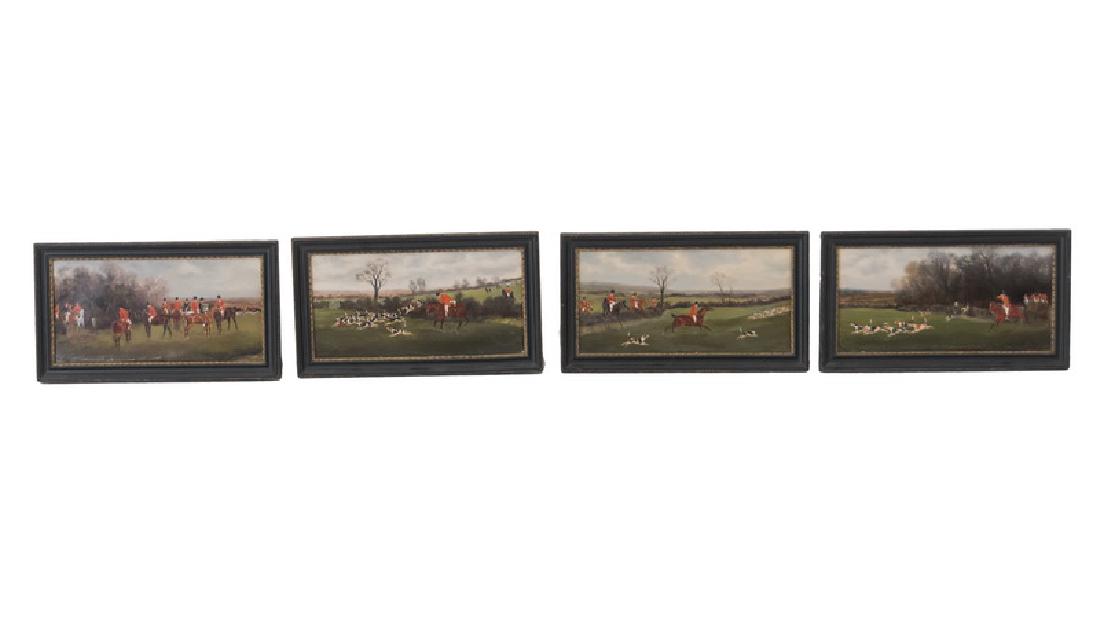 CHARLES FAULKNER: SET OF FOUR ENGLISH "HUNT" PAINTINGS: circa 1887 oil on board signed lower right Provenance: Sotheby's, sale no.6432: June 4,1996 each measuring 6 x 12 inches