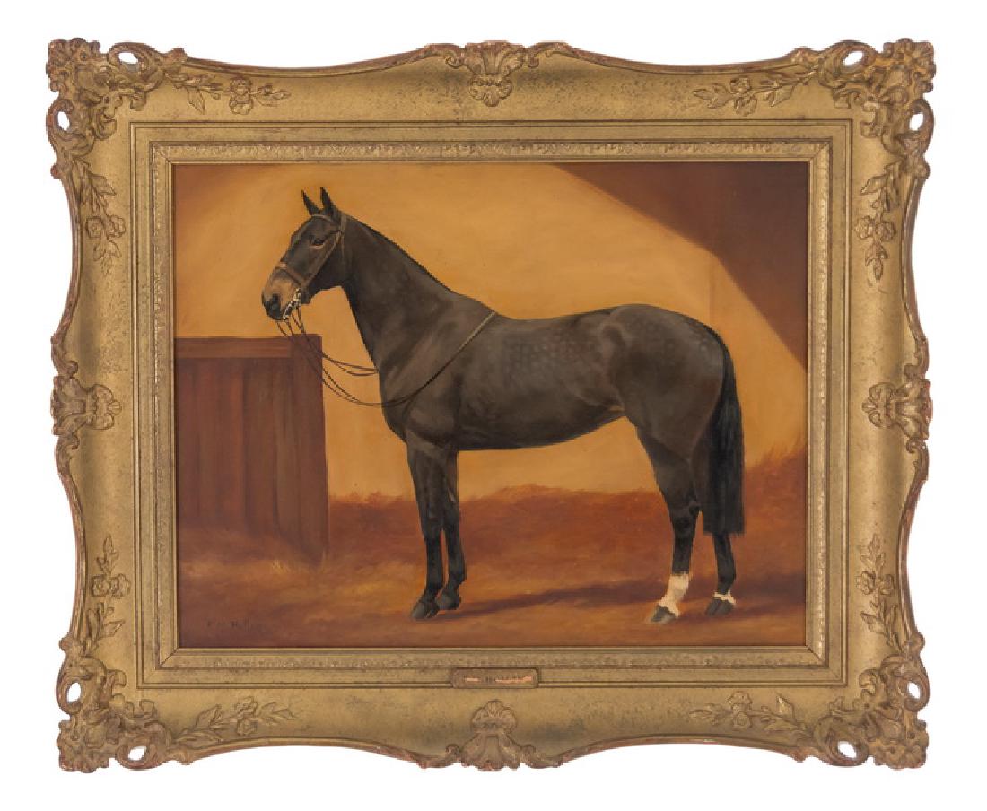 FRANCES MABEL HOLLAMS: "A DARK HORSE IN THE STABLE": oil on board signed lower left 13 1/2 x 18 inches