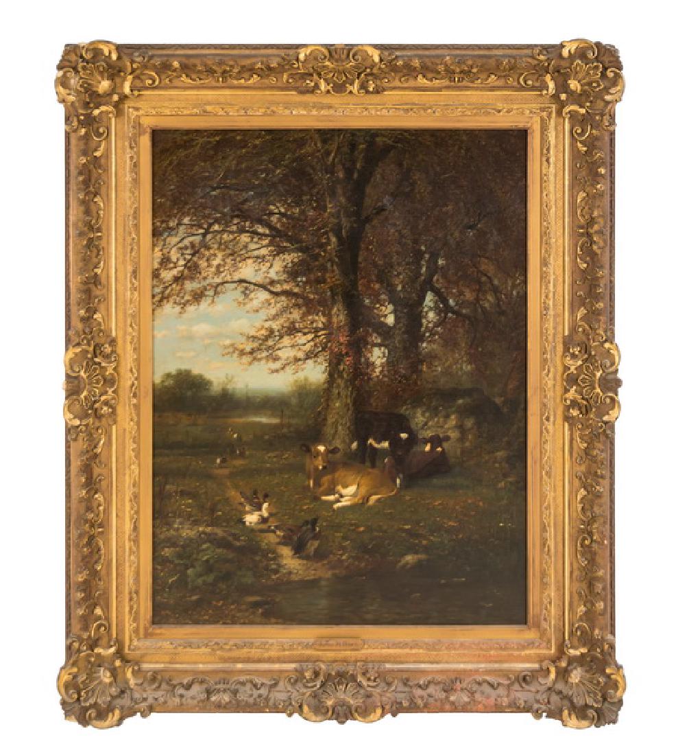 JAMES MCDOUGAL HART: "LANDSCAPE WITH FARM ANIMALS": circa 1888 oil on canvas signed and dated lower left 40 x 29 inches