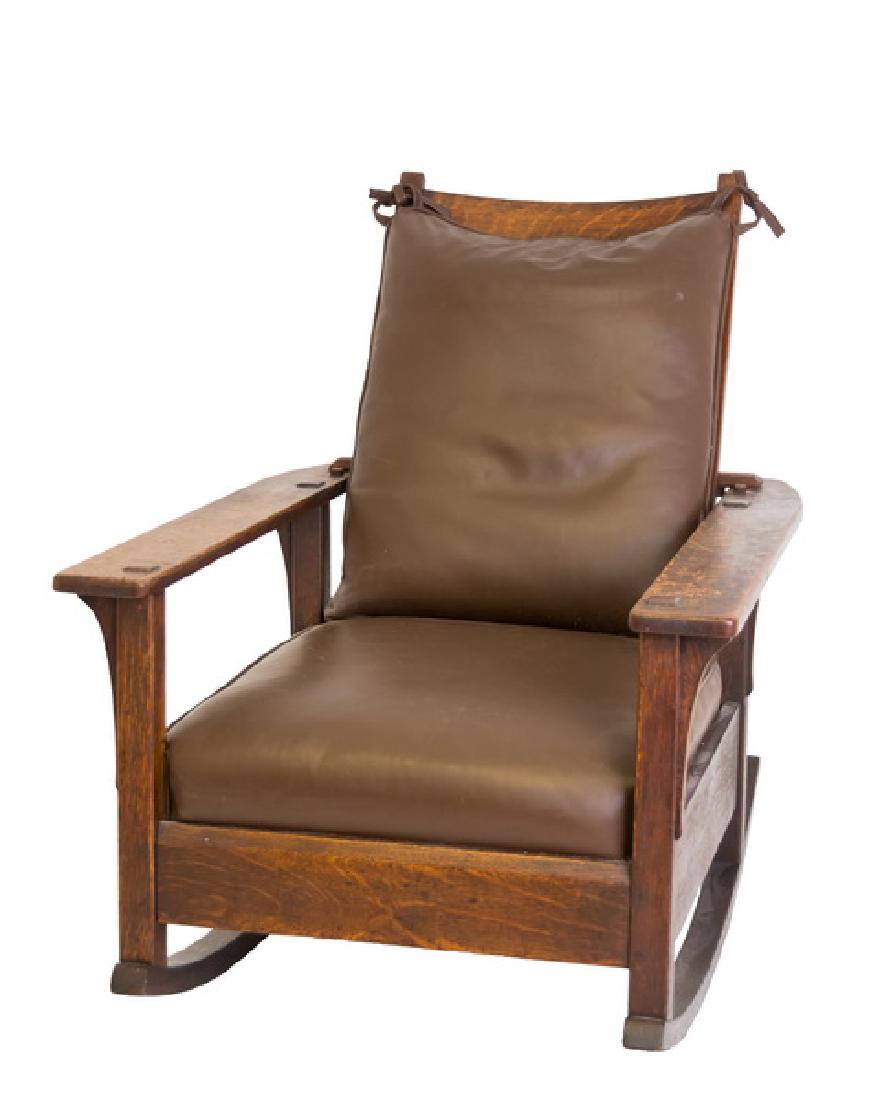 L.J & G STICKLEY MORRIS CHAIR: white stamp verso; L. & J. G Stickley