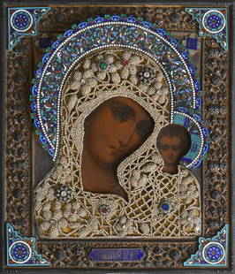 RUSSIAN ICON: "MADONNA AND CHILD": Lev Oleks, Moscow circa 1892 the oklad with champleve enamel, seed pearls, & paste 'gem stones' hallmarked with Moscow 84 zolotnik mark and Olek's hallmark 12 X 10 1/2 inches