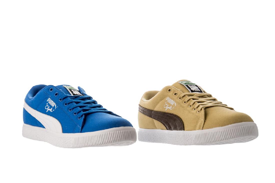 TWO PAIR OF PUMA CLYDE X UNDFTD CNVS SNEAKERS: puma royal/white & hemp/dark earth brown; size 10; with boxes