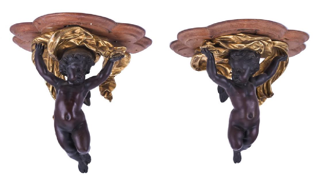 PAIR OF PATINATED & GILT BRONZE FIGURAL BRACKETS: Provenance: Purchased Sotheby's-- New York Estate of Paul & Carole Cramer, Bel Air 12 inches high