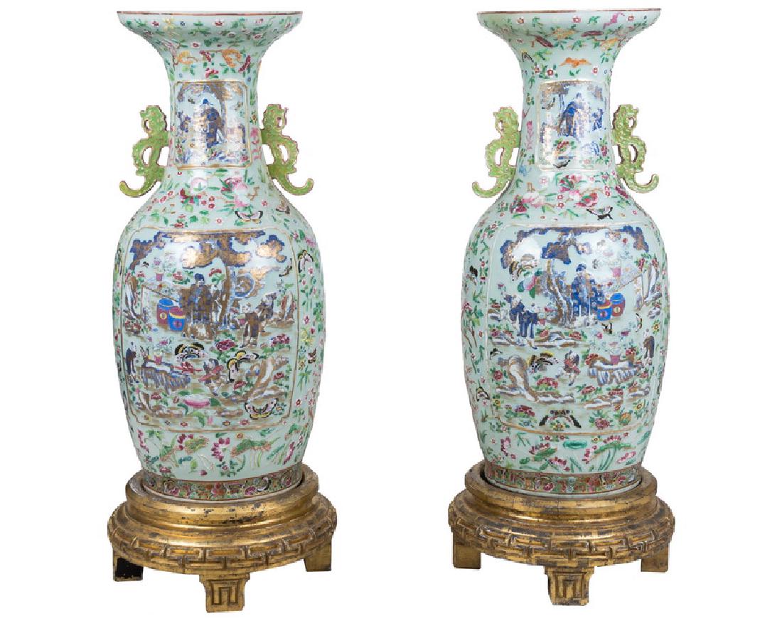 PAIR OF CHINESE "FAMILLE ROSE" PORCELAIN PALACE VASES (1 of 10)