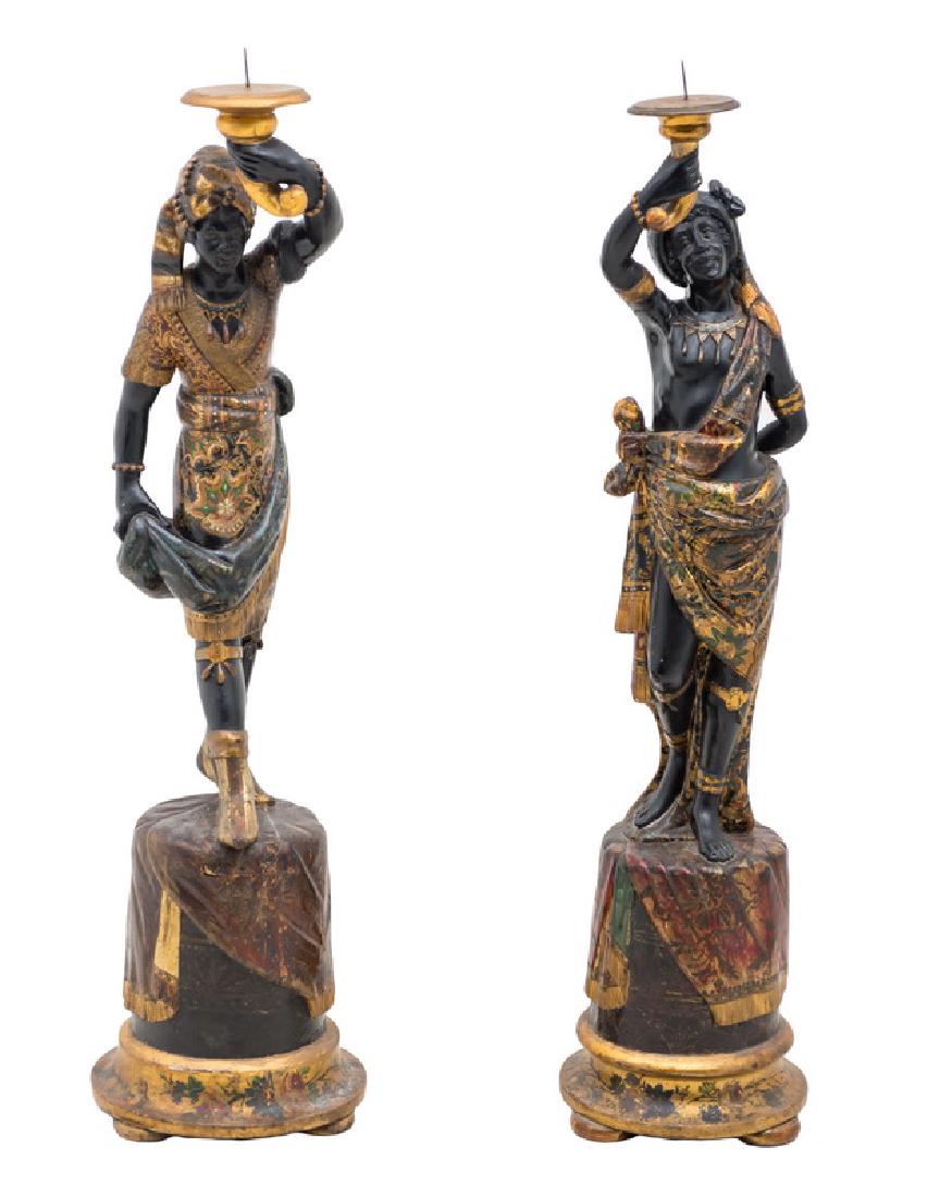 PAIR OF CARVED & POLYCHROME WOOD BLACKAMOORS TORCHIERES (1 of 9)