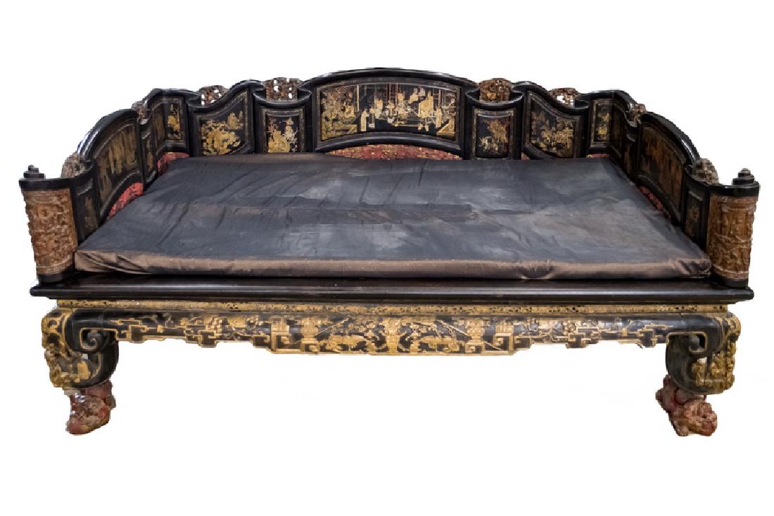 CHINESE GILT CARVED, LAQUERED & POLYCHROME DAYBED: Provenance: The Estate of John Robert Weber 83 inches wide; 58 1/2 inches deep; 33 inches high