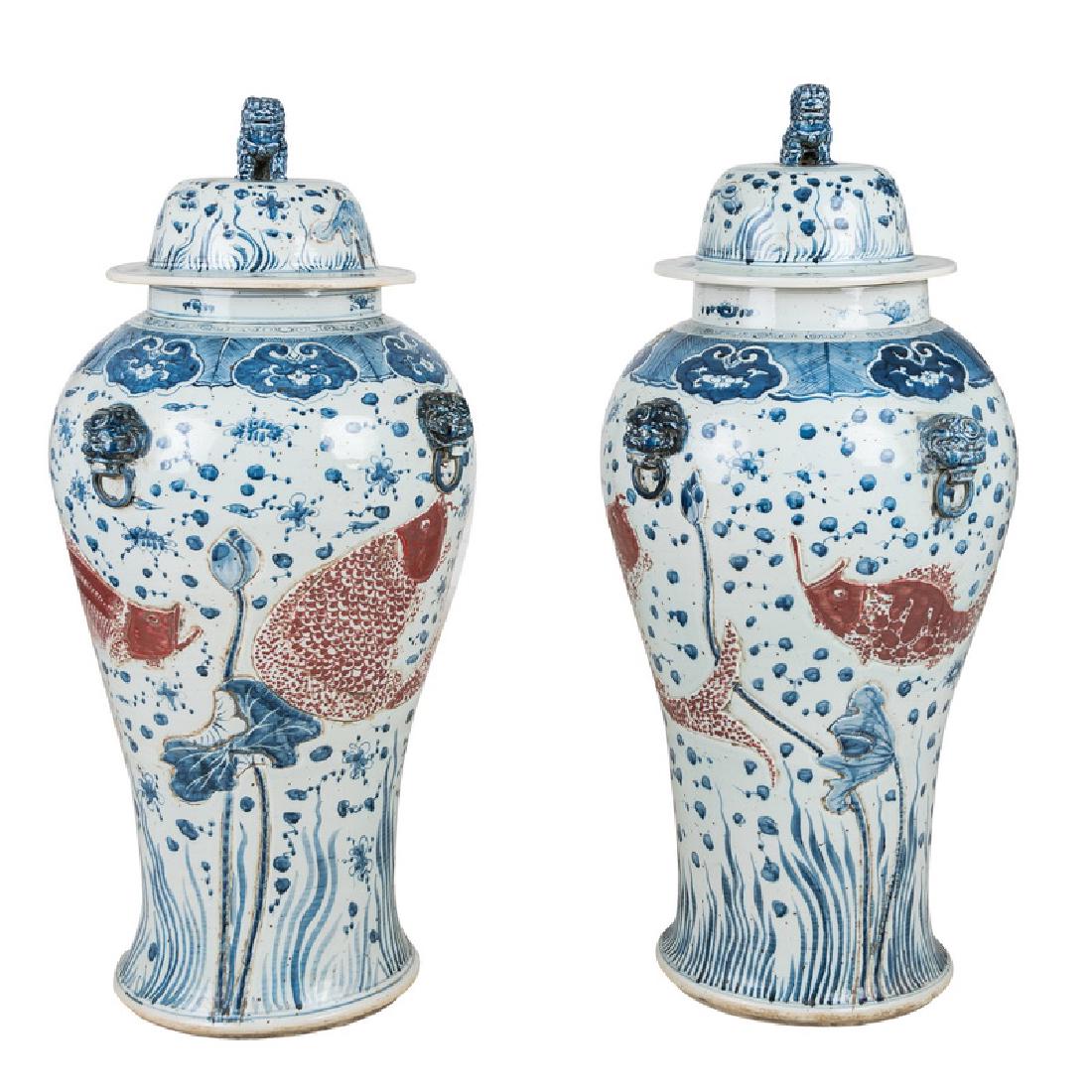 PAIR OF MONUMENTAL CHINESE BLUE & WHITE TEMPLE URNS (1 of 10)