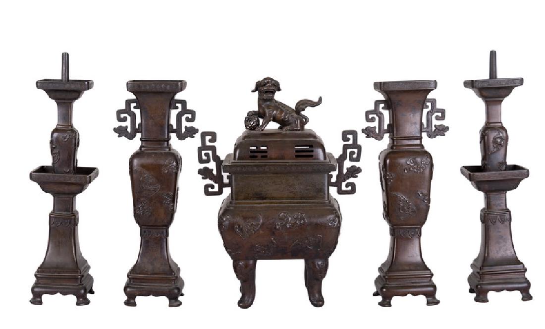 CHINESE BRONZE FIVE-PIECE ALTAR GARNITURE SET: Provenance: The Estate of John Robert Weber the censer: 14 inches wide; 19 1/2 inches high