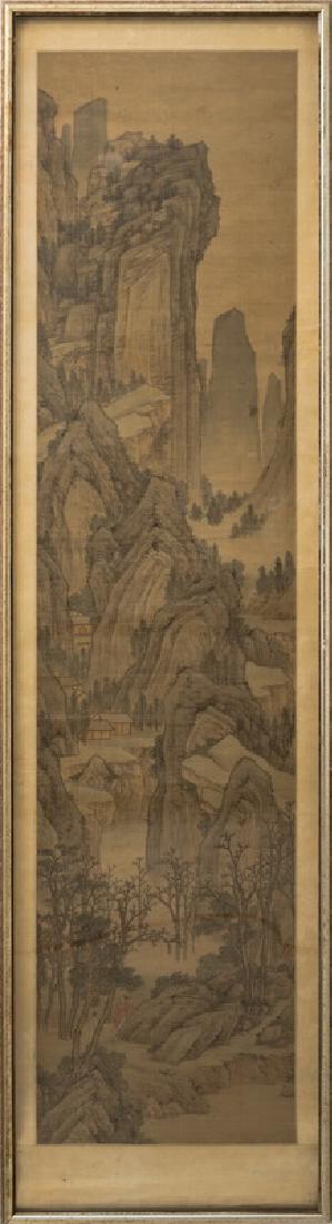 CHINESE SCROLL OF A MOUNTAIN LANDSCAPE: framed Provenance: The Estate of John Robert Weber 54 x 12 inches