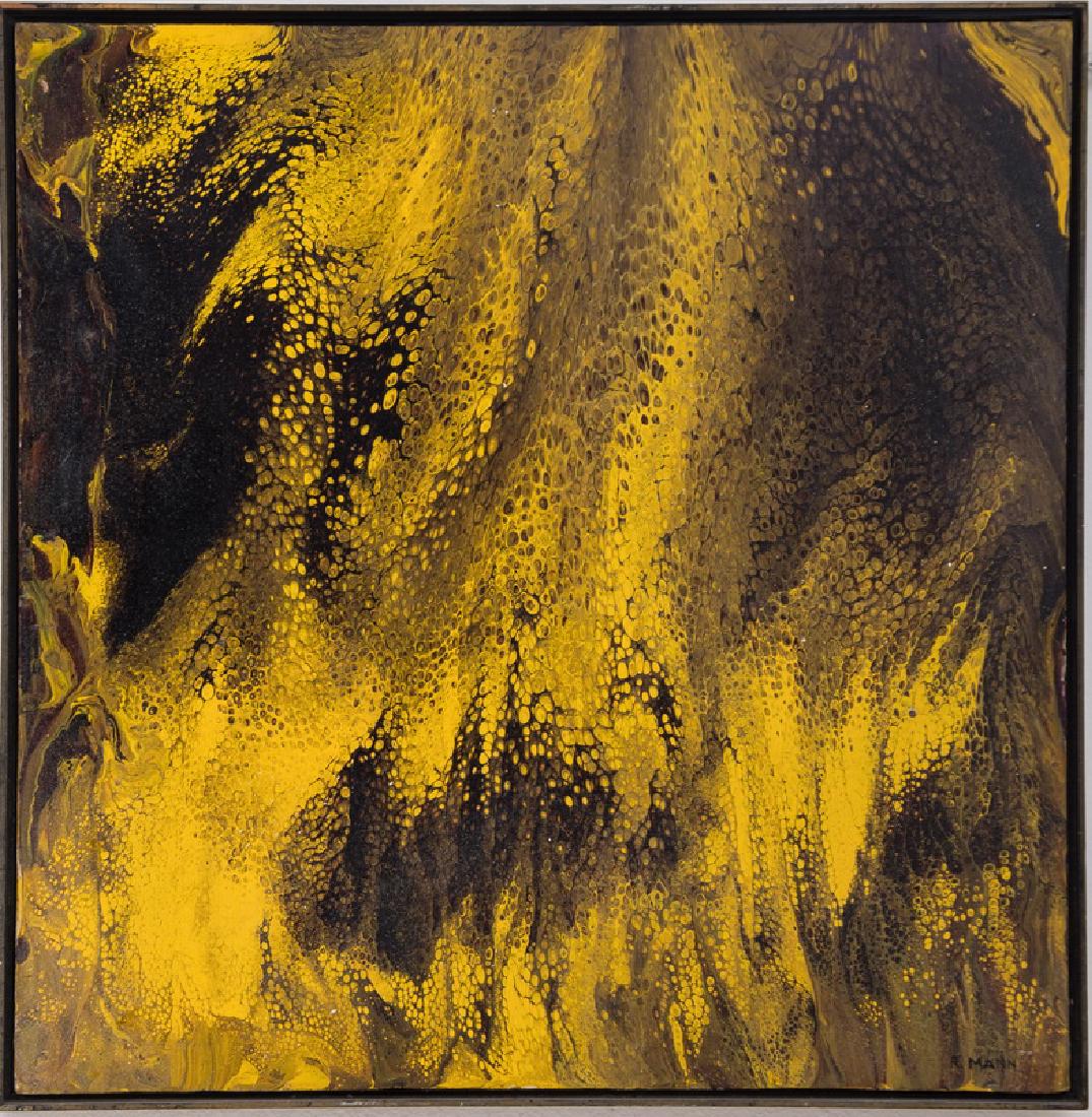 RICHARD MANN: "SHADES IN YELLOW & BLACK": oil on board signed lower right 35 1/2 x 35 inches