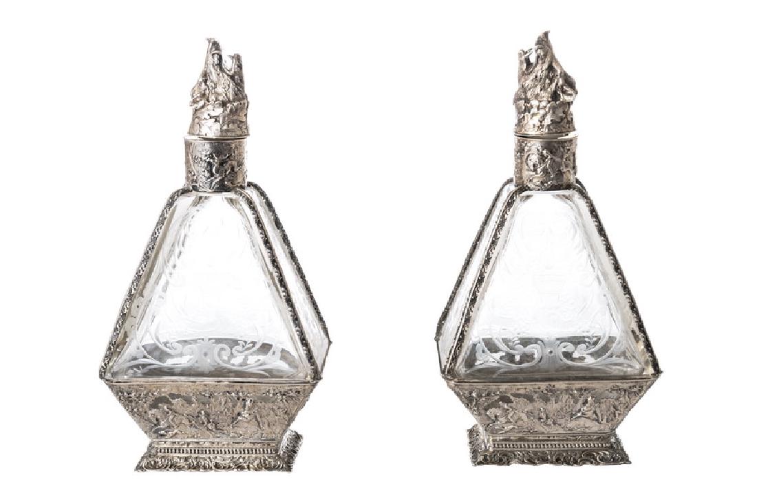 PAIR OF GERMAN .800 SILVER & ETCHED GLASS DECANTERS (1 of 7)