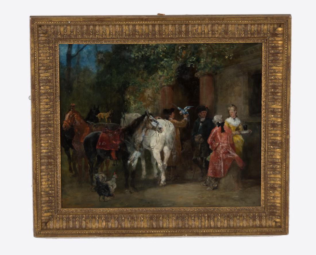 JOHN LEWIS BROWN: "FIGURES OUTSIDE A TAVERN": circa 1874 oil on canvas signed and dated lower right 18 1/2 x 22 1/4 inches