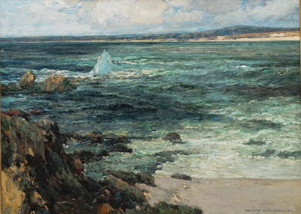 EDWARD HOLSLAG: "COASTAL VIEW": circa 1916 oil on canvas signed and dated lower right 36 x 49 inches