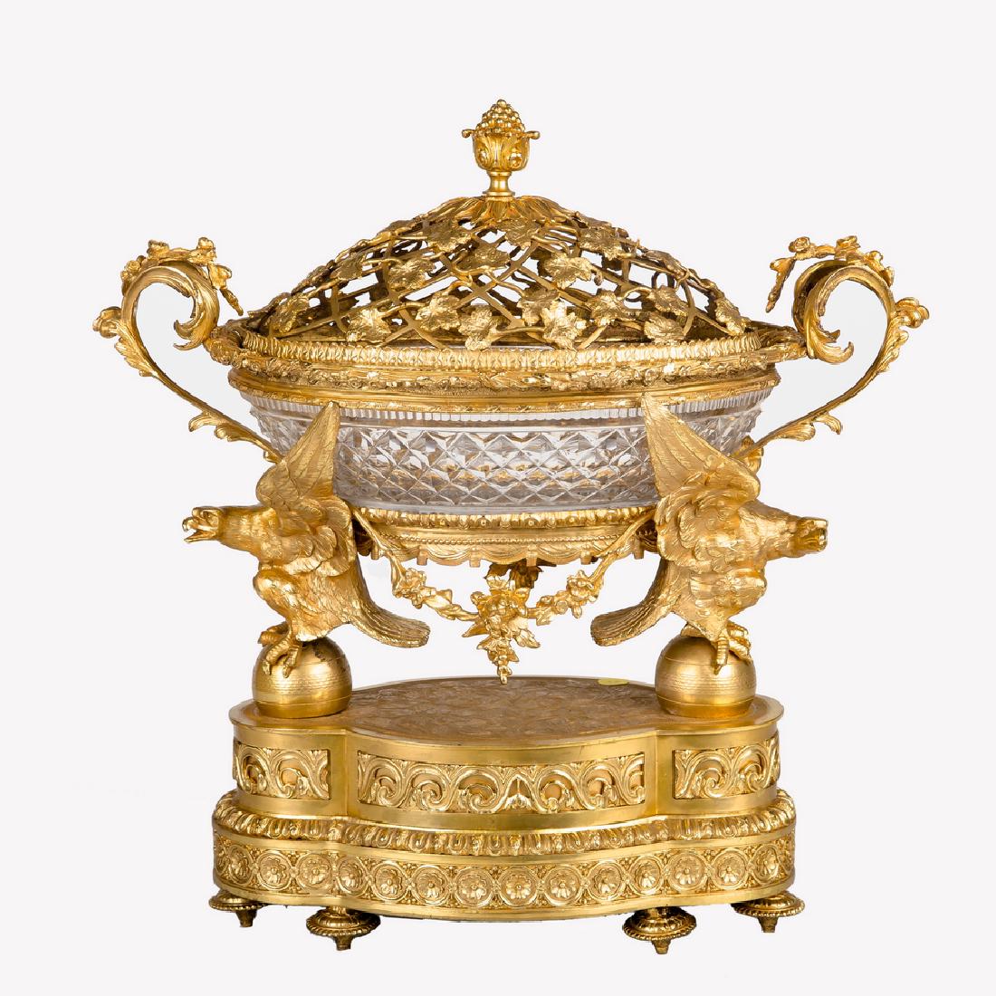 FRENCH GILT BRONZE & CUT-GLASS CENTERPIECE: 19 1/2 inches wide; 20 inches high