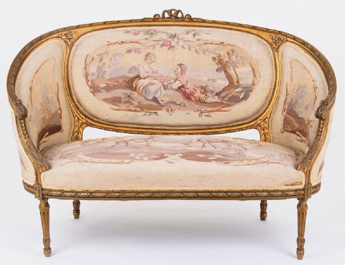 LOUIS XVI GILTWOOD & AUBUSSON TAPESTRY CANAPE: 53 inches wide