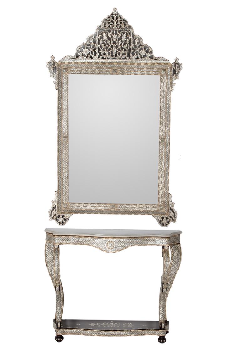 SYRIAN MOTHER OF PEARL INLAID MARBLE TOP CONSOLE & (1 of 9)