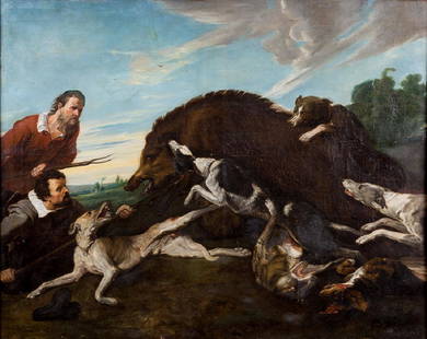 AFTER FRANS SNYDERS: "THE BOAR HUNT": oil on canvas 35 1/2 x 44 inches