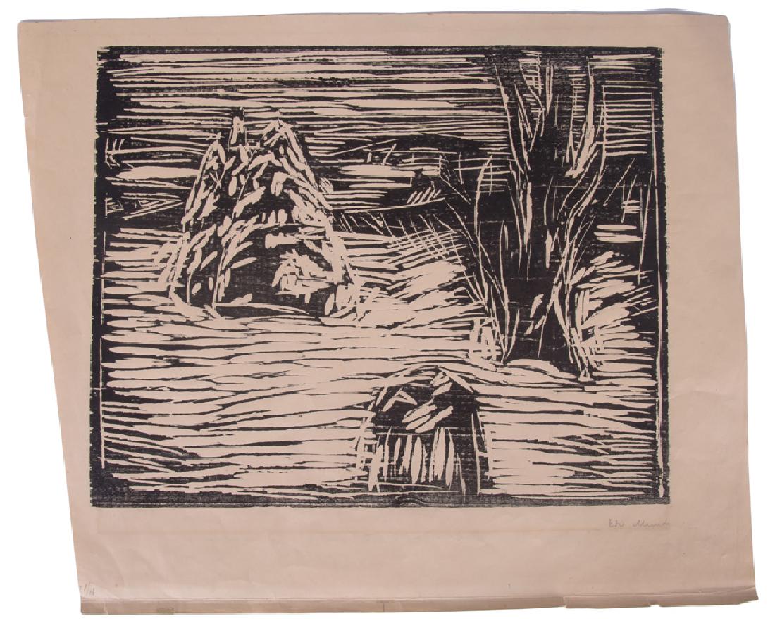 EDVARD MUNCH: "HAYSTACKS": woodcut in black and white signed and numbered in pencil 13 1/2 x 17 inches