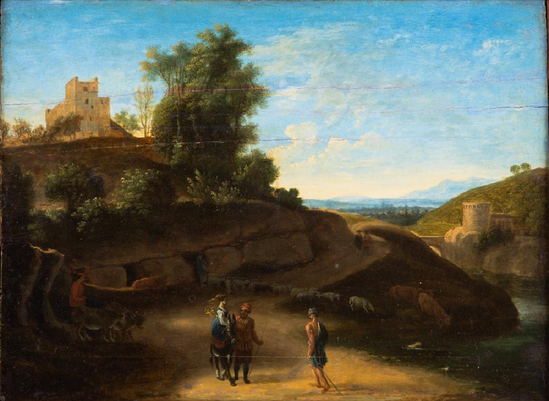 AFTER CLAUDE LE LORRAIN: "AN ITALIANATE LANDSCAPE": oil on wood panel 11 1/2 X 15 1/2 inches