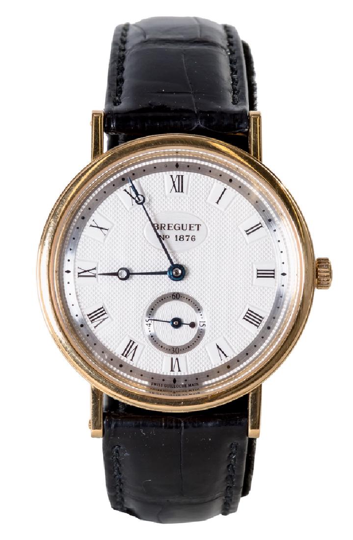 BREGUET GENTLEMAN'S 18 KARAT GOLD WATCH MODEL 3910: signed "Breguet 1876", with black crocodile leather strap and 18 karat gold buckle clasp, 21-jewel movement, sapphire crystal in working condition 51.8 grams 31.50 mm round dial; strap measures 9 inch