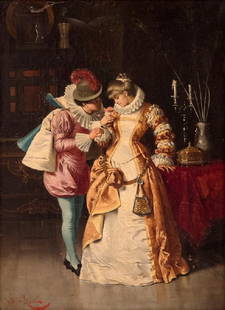 PIO RICCI: "MAN PINNING ROSE ON WOMAN": oil on canvas signed lower left 15 x 11 inches