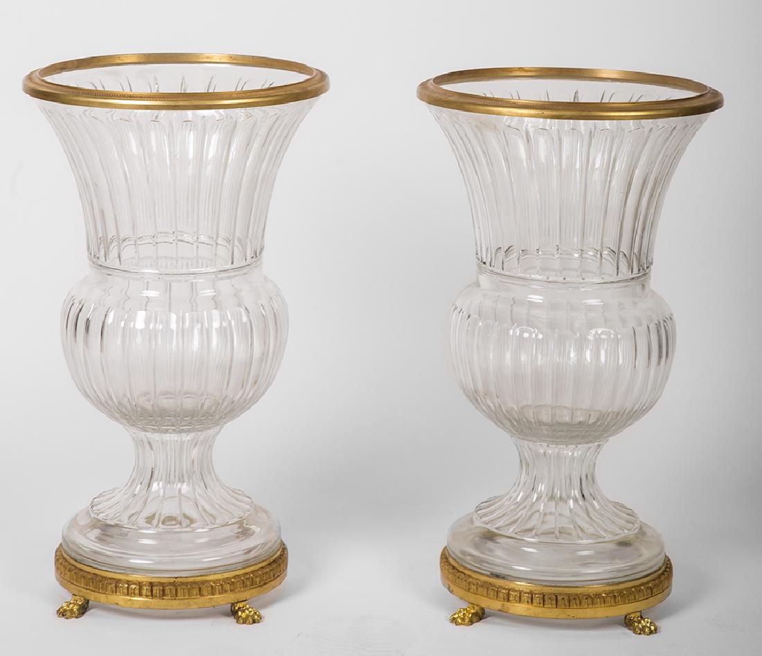 PAIR OF MOLDED GLASS & GILT BRONZE MOUNTED URNS (1 of 7)