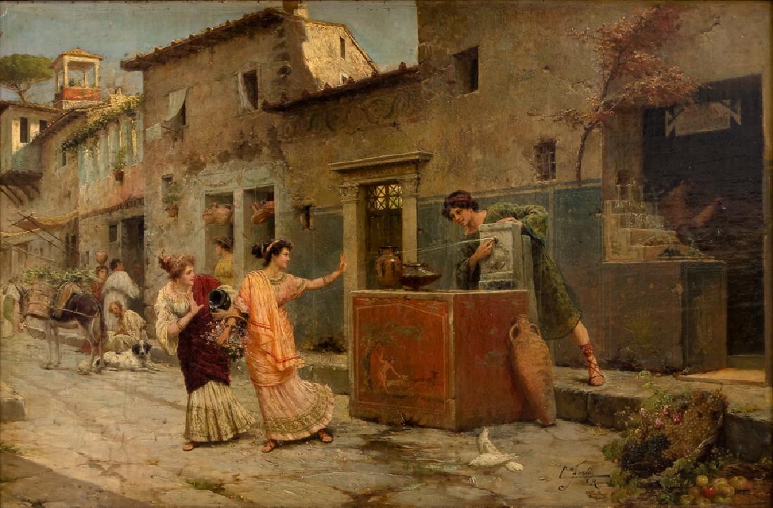 ETTORE FORTI: "ROMAN STREET SCENE": oil on canvas signed lower right 20 x 31 inches