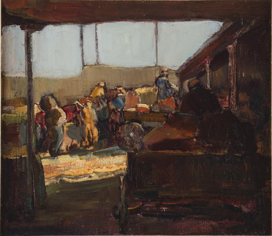MILLARD SHEETS: "FARMERS MARKET": oil on canvas signed lower right 14 x 16 inches