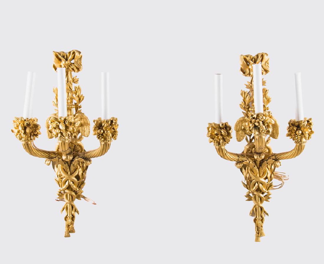 PAIR OF FRENCH GILT BRONZE THREE-LIGHT WALL SCONCES (1 of 12)