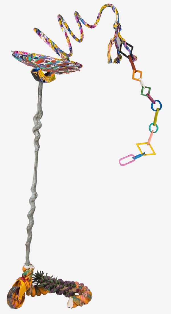 NANCY GRAVES: "VERTILANCE": circa 1985 bronze, polychrome enamel, and mixed metal in two parts inscribed with title and date in casting 47 inches wide; 88 inches high