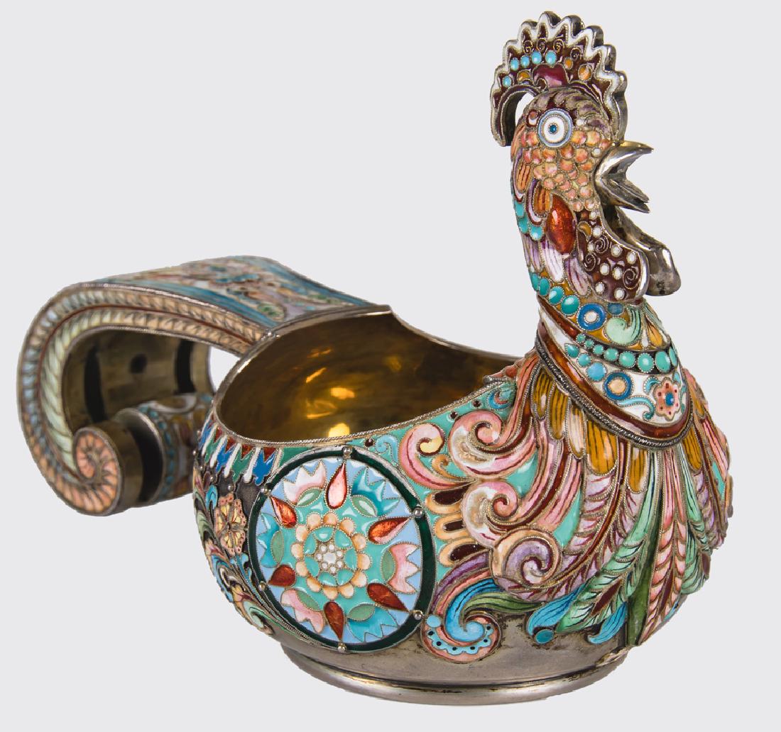RUSSIAN SILVER & CHAMPLEVE ENAMEL ROOSTER KOVSH (1 of 11)