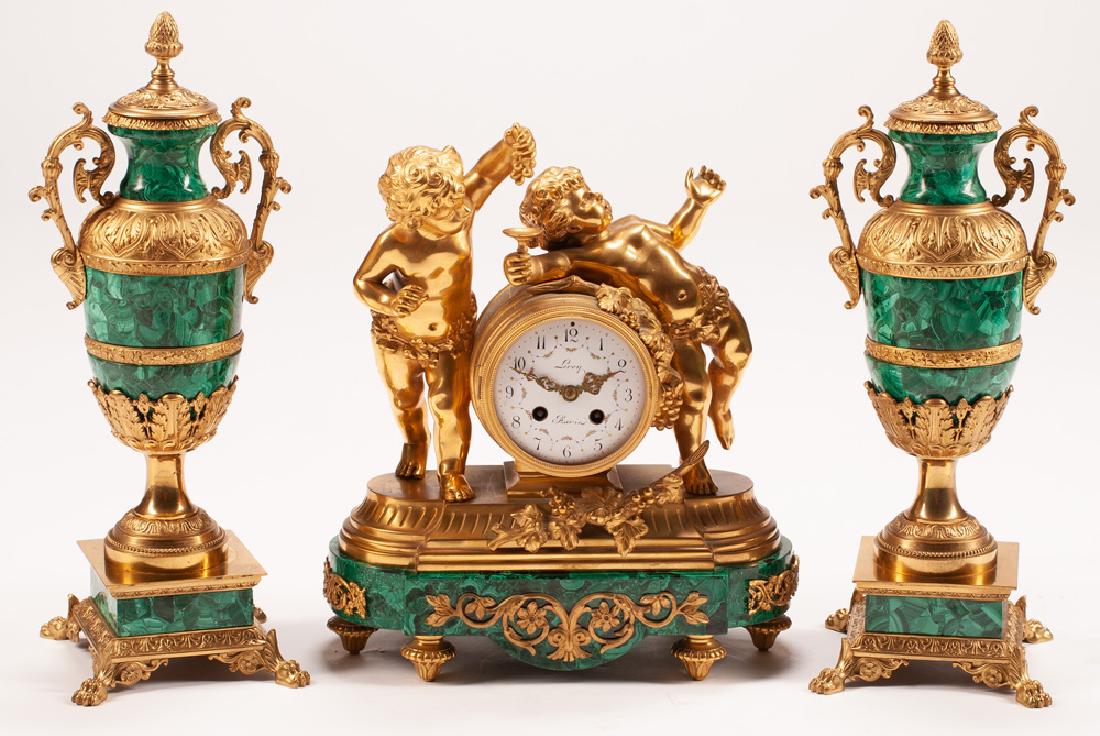 FRENCH GILT BRONZE & MALACHITE THREE-PIECE CLOCK SET (1 of 3)