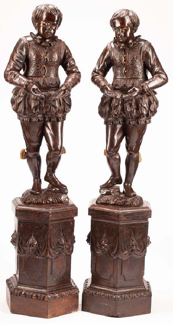 PAIR OF CONTINENTAL CARVED WOOD FIGURES ON PEDESTALS (1 of 4)