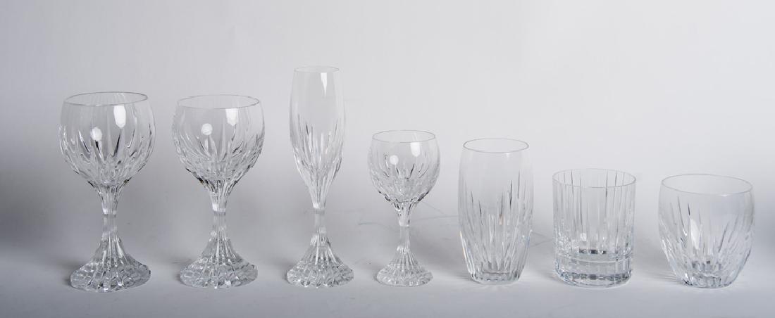 COLLECTION OF BACCARAT STEMWARE: Massena pattern comprising 4 water goblets ( 7 1/4"), 7 red wine stems (7"), 12 white wine stems "6 1/2"), 12 Euro white wine glasses (5 3/4"), 10 liqueur glasses (5 1/2"), 3 square highball glasses (