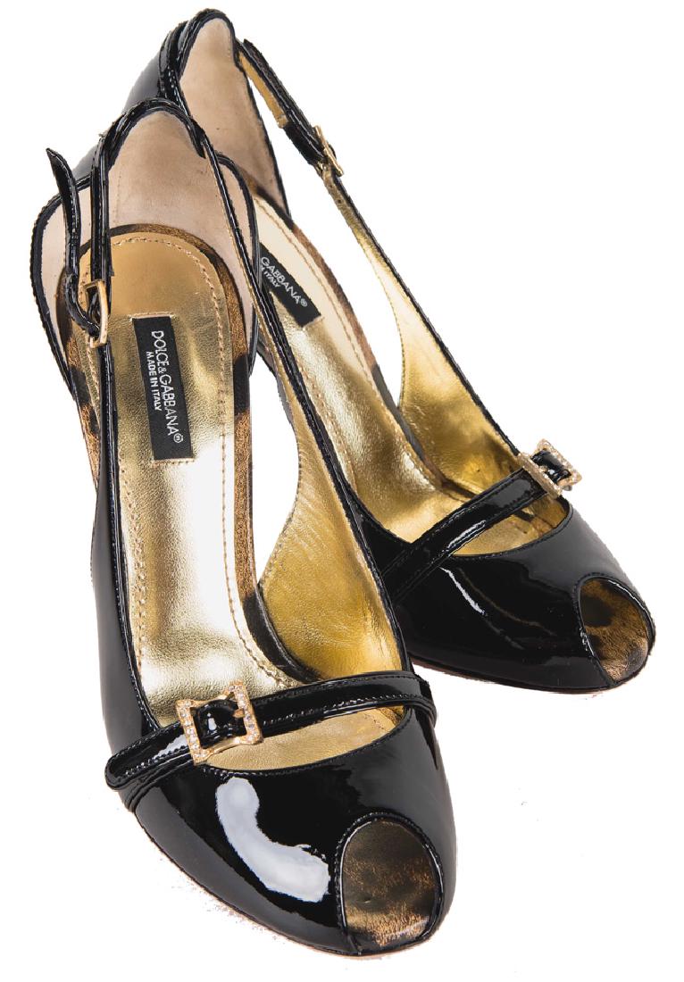 DOLCE & GABBANA "SPUNTATA VERNICE" HEELS: black patent leather peep toe shoes featuring crystal buckle; with box size: 36 1/2